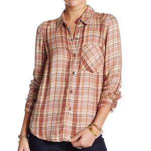 Free People Joplin Plaid Button Down Shirt Pocket